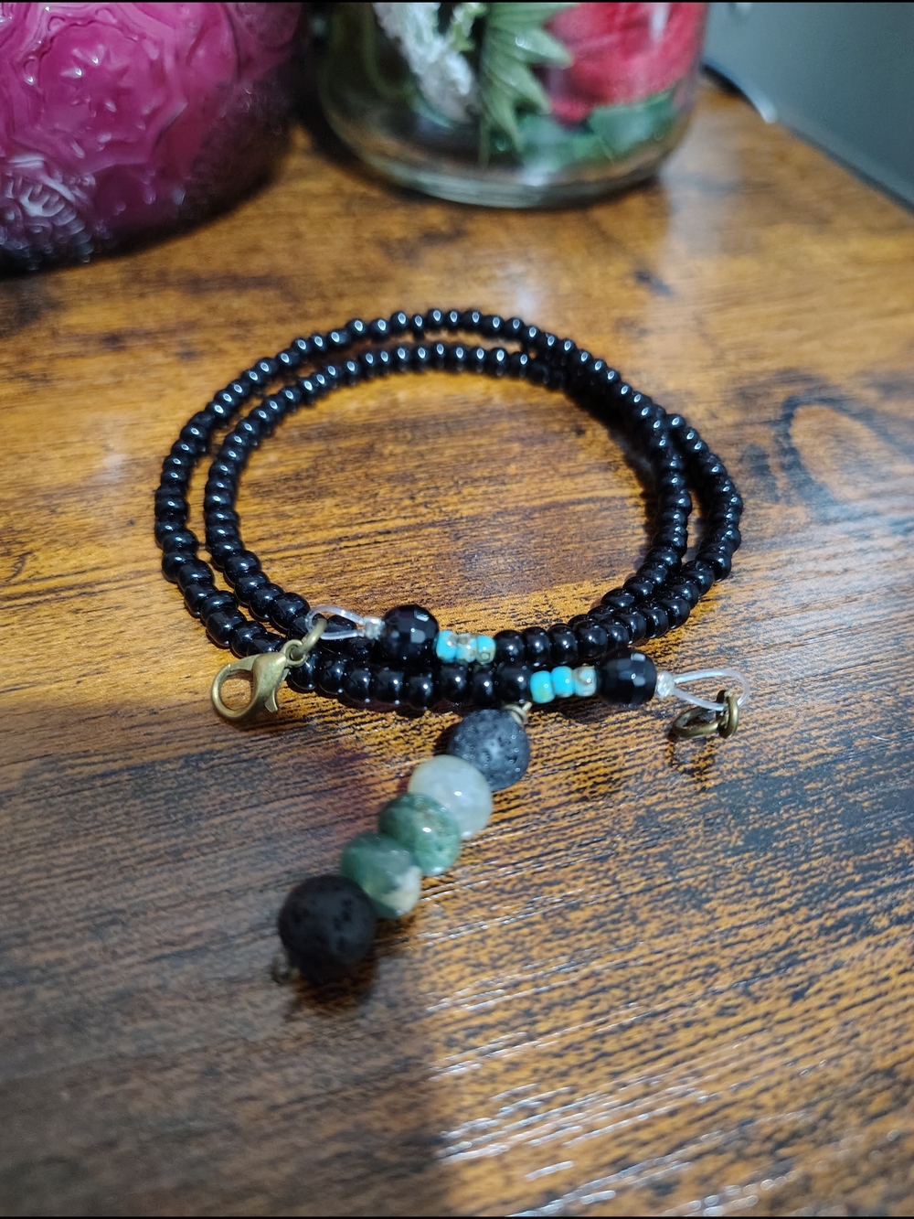 Black Beaded Men’s Necklace with Green Stone Accents, Handmade - Picture 4 of 6
